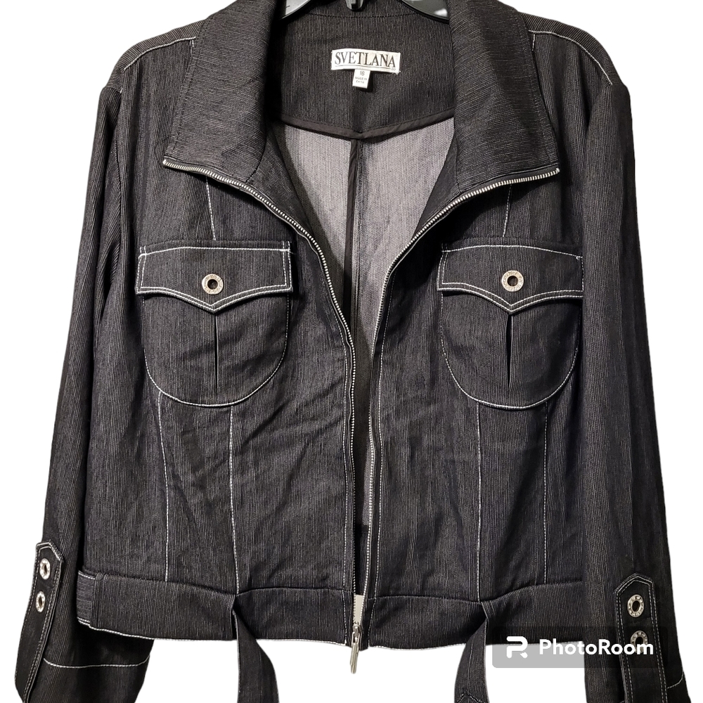Svetlana Denim Black Jacket Size 16 with White Stitching Belt Silver  Buttons